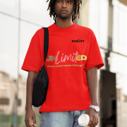 Unlimited Tee in red, medium size, featuring a striking motivational typography design, printed on a bio-washed oversized cotton T-shirt for long-lasting comfort and vibrant style.