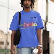 Unlimited Tee in royal blue, medium size, featuring a futuristic high-energy typography design, crafted on a soft and durable oversized cotton T-shirt for lasting comfort.