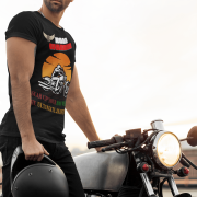 Extra-large black Road Warrior tee with a powerful motorcyclist graphic and bold typography. The tee is designed to reflect the fearless, adventurous nature of bikers, perfect for those who live life in the fast lane.