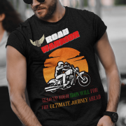 Black Road Warrior tee in extra small size, featuring a bold motorcyclist graphic against an orange sunset, with the "ROAD WARRIOR" text in white and red, and a motivational phrase in vibrant colors. This tee is perfect for bikers who embrace strength, freedom, and adventure.