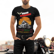 Black Road Warrior tee in large size, with a vibrant biker graphic and motivational text. The design symbolizes the bold spirit of motorcyclists who embrace the road, embodying strength, speed, and unyielding adventure.