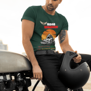Double extra-large bottle green Road Warrior tee, featuring a dynamic biker against a blazing sunset. The bold typography and motivational message create the perfect statement piece for fearless riders and adventure seekers.