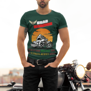 Bottle green Road Warrior tee in large size, featuring a powerful biker graphic and bold typography. The vibrant sunset backdrop and motivational text reinforce the rebellious and fearless spirit of road warriors.