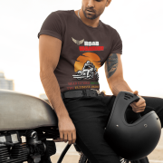 Double extra-large coffee brown Road Warrior tee, featuring a dynamic biker graphic against a blazing sunset. The bold "ROAD WARRIOR" text and motivational phrase add to the rebellious and adventurous biker spirit, making this tee a must-have for passionate riders.