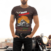 Coffee brown Road Warrior tee in large size, featuring a rugged biker graphic and bold lettering. The powerful sunset design, combined with the motivational message, captures the fearless and adventurous essence of road warriors.