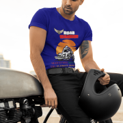 Double extra-large navy blue Road Warrior tee, featuring a dynamic biker graphic against a blazing sunset. The bold "ROAD WARRIOR" text and motivational phrase add to the rebellious and adventurous biker spirit, making this tee a must-have for passionate riders.