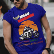 Navy blue Road Warrior tee in extra small size, featuring a bold motorcyclist graphic against a fiery orange sunset. The "ROAD WARRIOR" text in white and red, combined with the winged tire emblem and motivational phrase, makes this tee perfect for fearless bikers and adventure seekers.