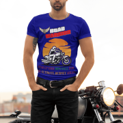 Navy blue Road Warrior tee in large size, featuring a powerful biker graphic and bold lettering. The sunset backdrop and winged tire emblem add to the rebellious and adventurous essence of road warriors.