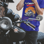 Navy blue Road Warrior tee in small size, designed for bikers who embrace the open road. The striking motorcyclist silhouette, bold typography, and adventurous sunset backdrop create a powerful and stylish biker statement.