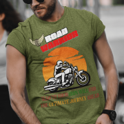 Olive green Road Warrior tee in extra small size, featuring a bold motorcyclist graphic against a fiery orange sunset. The "ROAD WARRIOR" text in white and red, combined with the winged tire emblem and motivational phrase, makes this tee perfect for fearless bikers and adventure seekers.