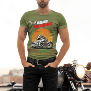 Olive green Road Warrior tee in large size, featuring a powerful biker graphic and bold lettering. The sunset backdrop and winged tire emblem add to the rebellious and adventurous essence of road warriors.