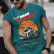 Petrol blue Road Warrior tee in extra small size, featuring a bold motorcyclist graphic against a fiery orange sunset. The "ROAD WARRIOR" text in white and red, combined with the winged tire emblem and motivational phrase, makes this tee perfect for fearless bikers and adventure seekers.