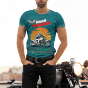 Petrol blue Road Warrior tee in large size, featuring a powerful biker graphic and bold lettering. The sunset backdrop and winged tire emblem add to the rebellious and adventurous essence of road warriors.