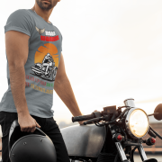 Extra-large steel grey Road Warrior tee, designed for fearless bikers who conquer the road. The dynamic motorcyclist graphic, powerful typography, and blazing sunset create an eye-catching, adventure-driven statement piece.