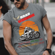 Steel grey Road Warrior tee in extra small size, featuring a bold motorcyclist graphic riding against an orange sunset. The design includes "ROAD WARRIOR" in striking white and red typography with a winged tire emblem, and the motivational text "GEAR UP YOUR IRON WILL FOR THE ULTIMATE JOURNEY AHEAD" in vibrant colors. Perfect for fearless bikers and adventure seekers.