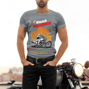 Steel grey Road Warrior tee in large size, crafted for motorcycle enthusiasts and road warriors. The detailed biker graphic, bold lettering, and classic winged tire emblem symbolize strength, speed, and the thrill of the ride.