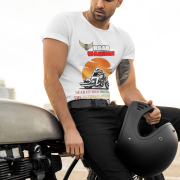 Double extra-large white Road Warrior tee, featuring a dynamic biker graphic against a blazing sunset. The bold "ROAD WARRIOR" text and motivational phrase add to the rebellious and adventurous biker spirit, making this tee a must-have for passionate riders.