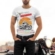 White Road Warrior tee in large size, featuring a powerful biker graphic and bold lettering. The sunset backdrop and winged tire emblem add to the rebellious and adventurous essence of road warriors.