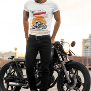 Medium-sized white Road Warrior tee featuring a dynamic motorcyclist riding through the open road against a vibrant sunset. The bold "ROAD WARRIOR" typography and motivational message symbolize resilience, freedom, and a fearless mindset.