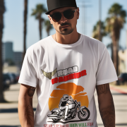 A stylish biker wearing the Road Warrior Tee in white, standing confidently in an urban setting with palm trees in the background. The t-shirt features a bold motorcyclist graphic riding against an eye-catching orange sunset, symbolizing adventure and freedom. The "ROAD WARRIOR" text is prominently displayed in bold white and red letters with a winged tire emblem, adding a classic biker aesthetic. Below, the phrase "GEAR UP YOUR IRON WILL FOR THE ULTIMATE JOURNEY AHEAD" is styled in red, green, and yellow, reinforcing the fearless biker theme. A must-have for motorcycle enthusiasts, road warriors, and thrill-seekers.