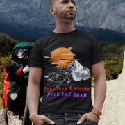 Comfortable black biker graphic T-shirt with an adventure motorcycle print. (XXL)