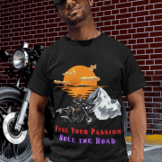 Black biker-themed adventure tee with a unique graphic, crafted for motorcycle enthusiasts. (L)