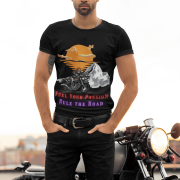 Classic black adventure motorcycle tee featuring a bold biker print for motorcycling fans. (S)