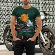 A trendy bottle green biker T-shirt featuring an adventurous motorcycle graphic print. (XS)