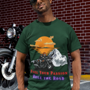 Premium bottle green cotton T-shirt with a striking biker graphic design. (L)