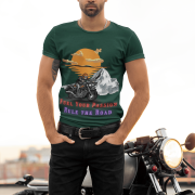 Bottle green adventure motorcycle T-shirt with a bold graphic, ideal for bikers. (S)