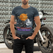 Charcoal-colored biker graphic T-shirt with an adventurous motorcycle-themed design. (XS)