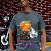 Soft and durable charcoal biker adventure tee with a modern motorcycle graphic. (L)