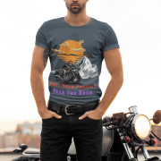 Bold charcoal motorcycle adventure tee, perfect for stylish bikers and riders. (S)
