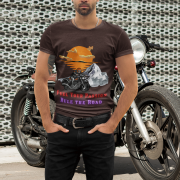 A stylish coffee brown biker graphic tee with an adventurous motorcycle design. (XS)