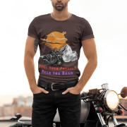 Coffee brown motorcycle-themed T-shirt featuring a bold biker graphic print. (S)
