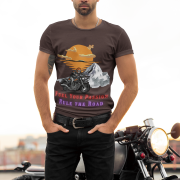 Coffee brown motorcycle-themed T-shirt featuring a bold biker graphic print. (S)