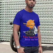 Comfortable navy blue biker graphic tee, made from soft cotton fabric. (XL)