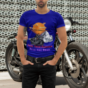 A trendy navy blue biker graphic T-shirt featuring an adventurous motorcycle print. (XS)