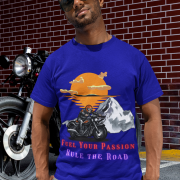 Premium navy blue adventure tee with a striking motorcycle graphic. (L)