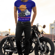 Stylish navy blue biker T-shirt with a unique motorcycle-themed design. (M)