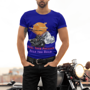 Navy blue adventure motorcycle T-shirt with a bold graphic for biking enthusiasts. (S)