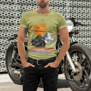 A bold biker graphic printed on an olive green T-shirt, perfect for motorcycle enthusiasts who love adventure. (XS)