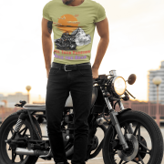 Stylish olive green biker T-shirt with an adventurous motorcycle graphic, made for riders. (M)