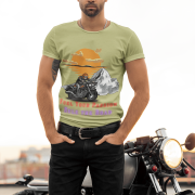 Olive green motorcycle-themed T-shirt featuring a striking biker graphic, ideal for adventure riders. (S)