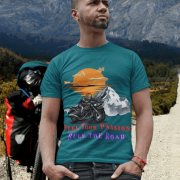 Petrol blue motorcycle graphic tee, ideal for adventure-loving riders. (XXL)