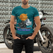 Petrol blue biker graphic T-shirt with a bold motorcycle adventure design. (XS)