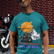 Soft and durable petrol blue adventure motorcycle tee for riders. (L)