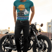 Premium petrol blue biker T-shirt featuring a unique adventure graphic. (M)
