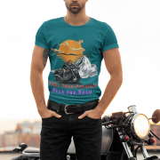 Stylish petrol blue motorcycle-themed tee, perfect for bike lovers. (S)