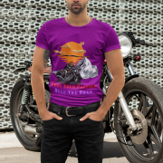 A trendy purple biker graphic T-shirt featuring an adventurous motorcycle print. (XS)